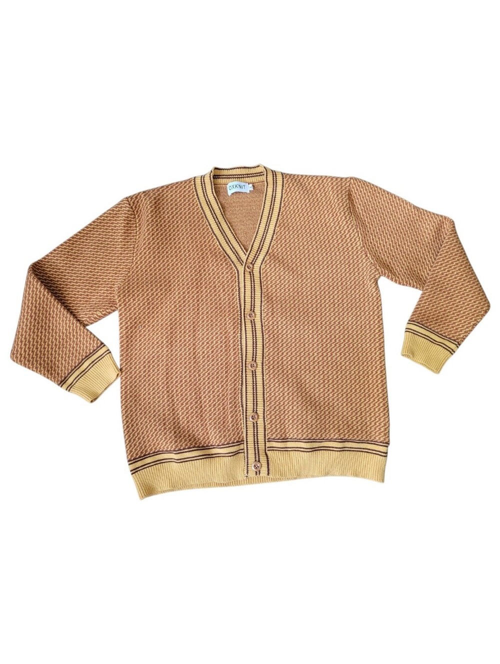 Oxknit Mens Cardigan Sweater Harvest Gold Retro Style Long Sleeve V Neck MD